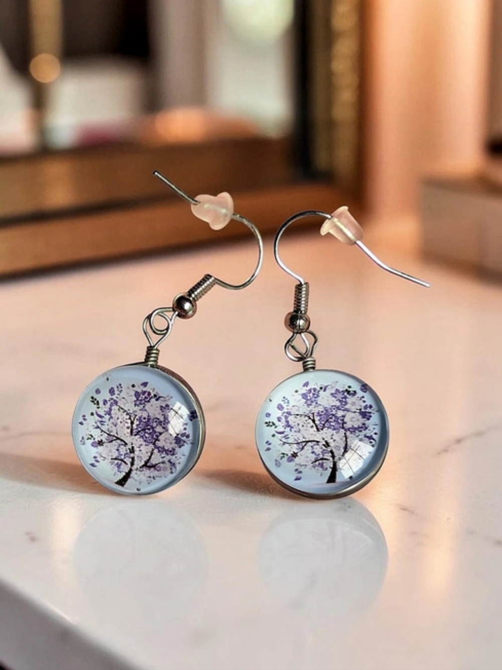 Fashion Jewelry Purple Blossom Tree Acrylic Cabochon Drop Earrings (New)